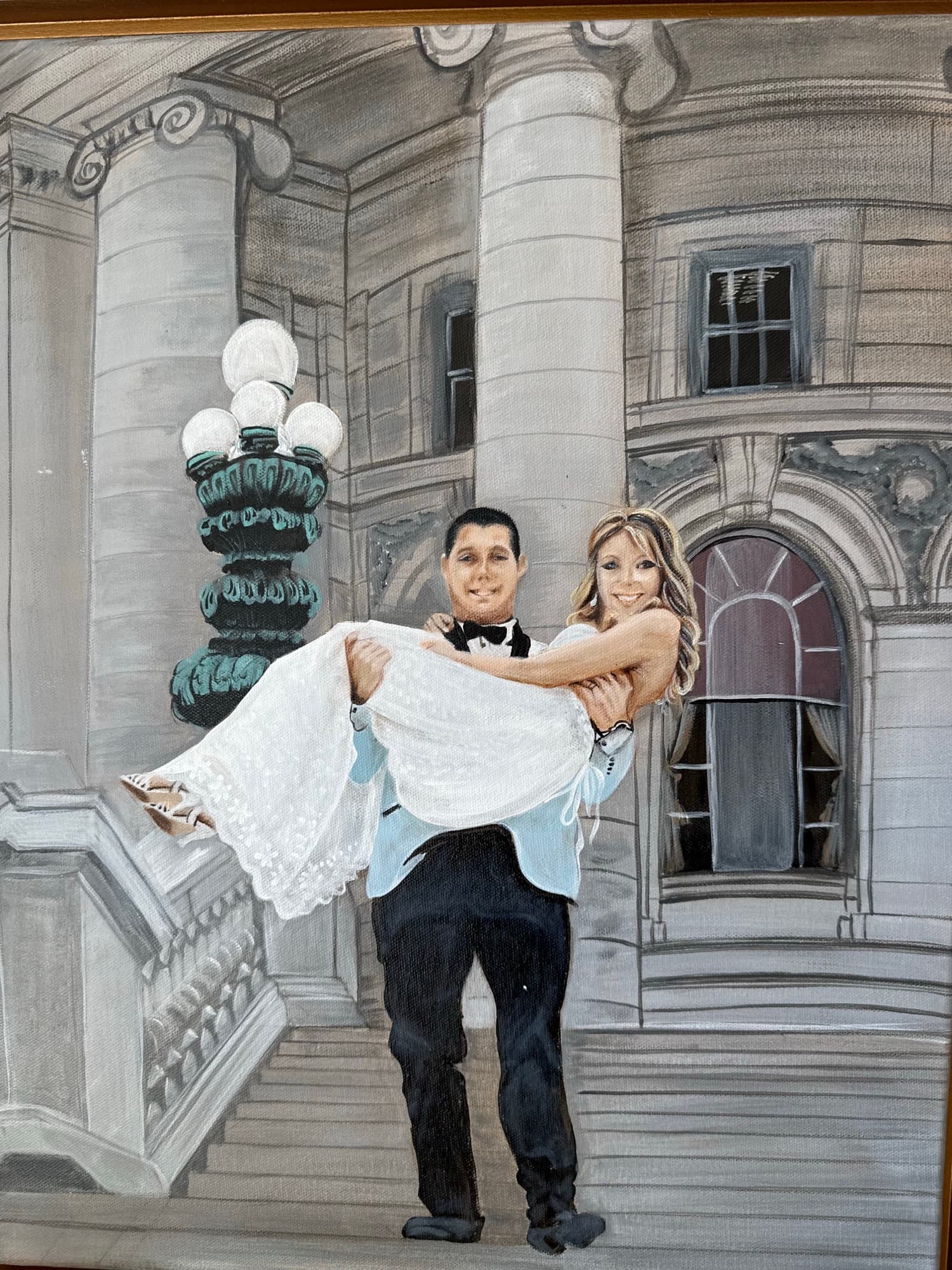 Capitol steps wedding painting, unframed view showing columns and lamp post