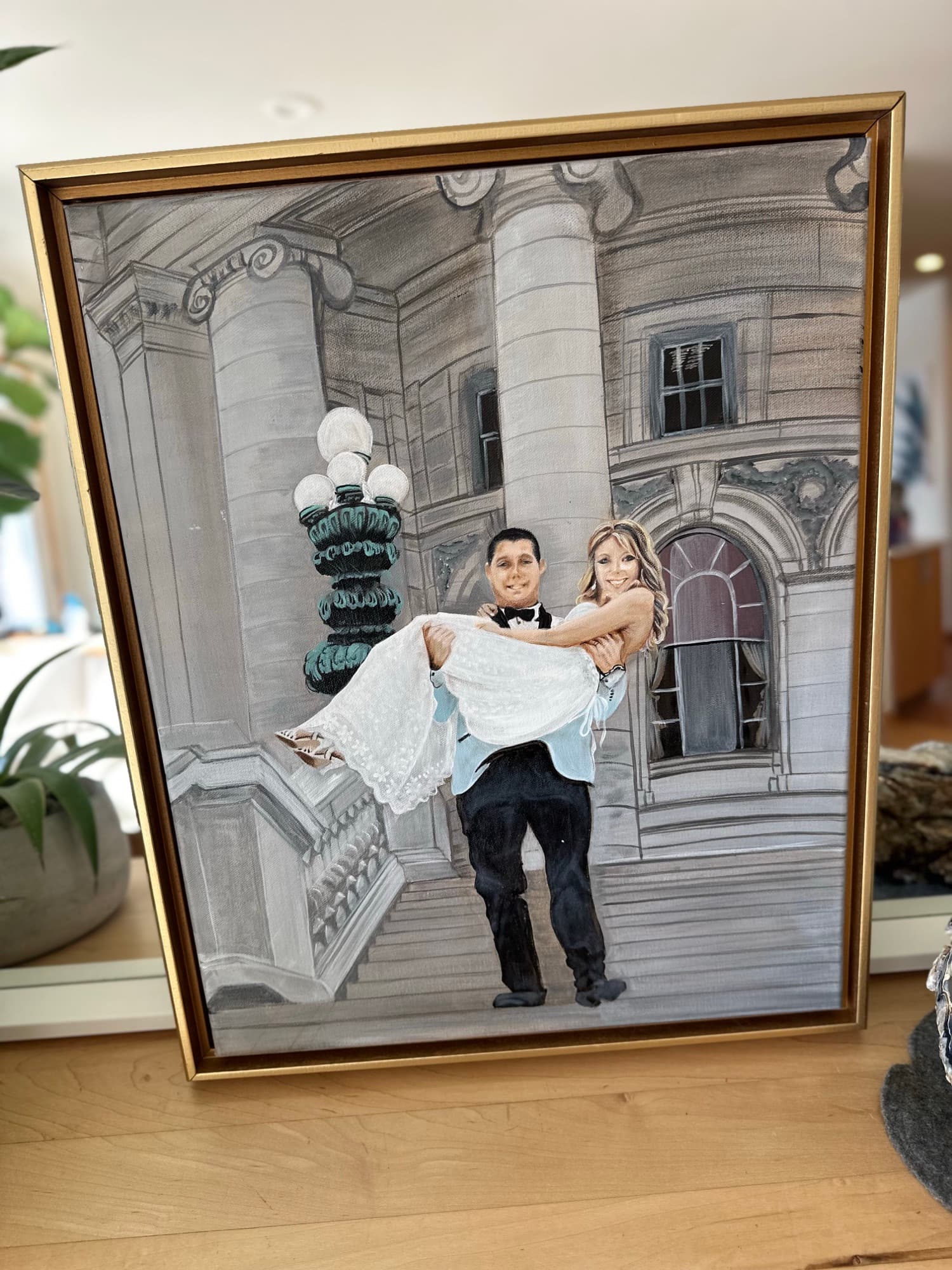 Capitol steps wedding painting framed, straight-on view in natural daylight