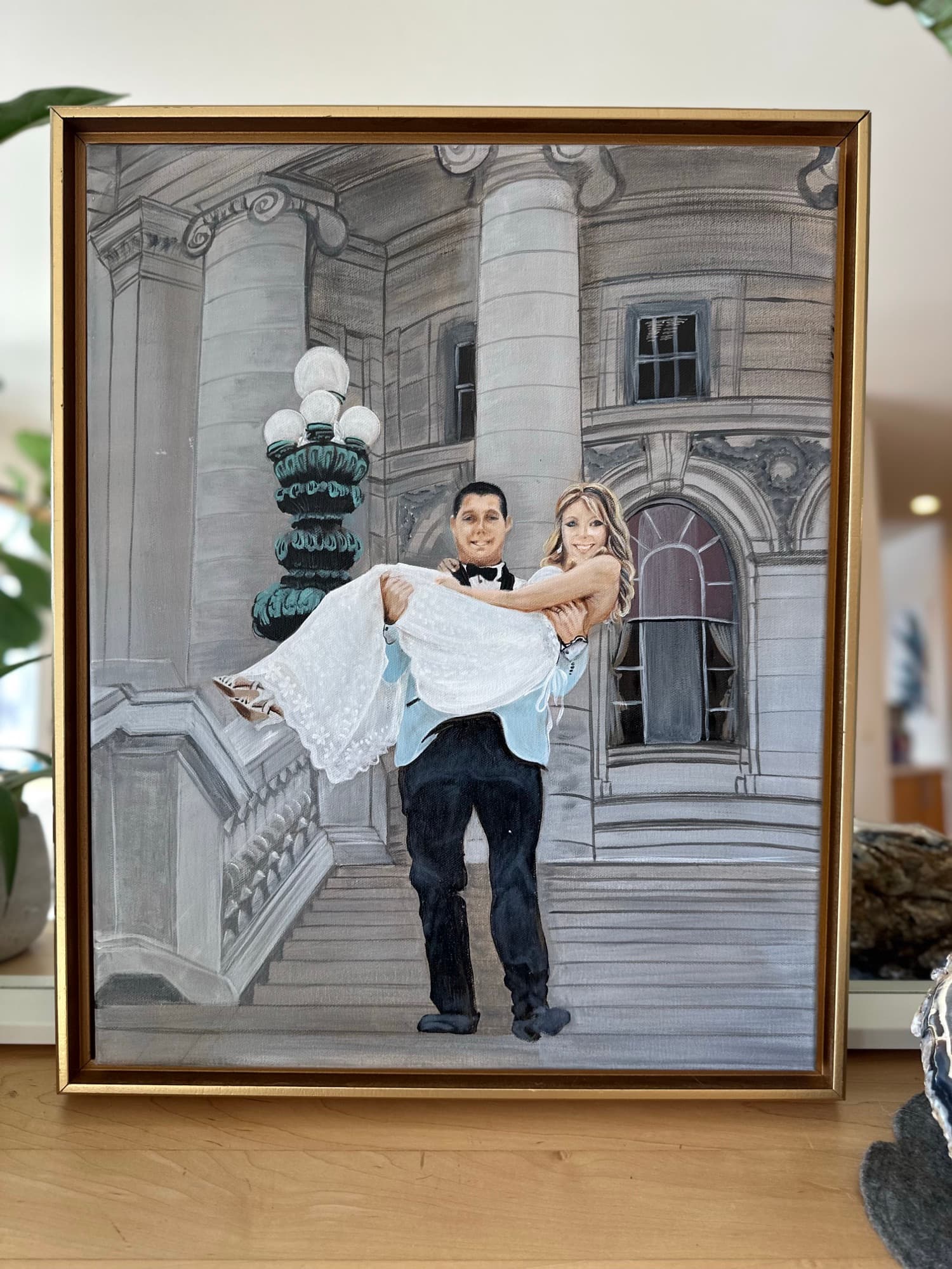 Capitol steps wedding painting framed and lit from the side