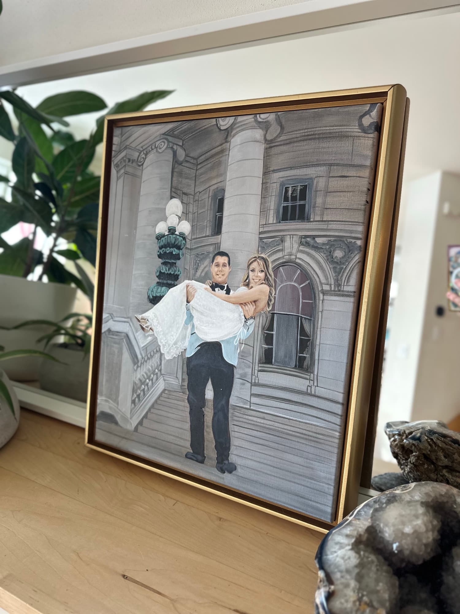 Three-quarter view of the Capitol steps painting showing the gold floater frame