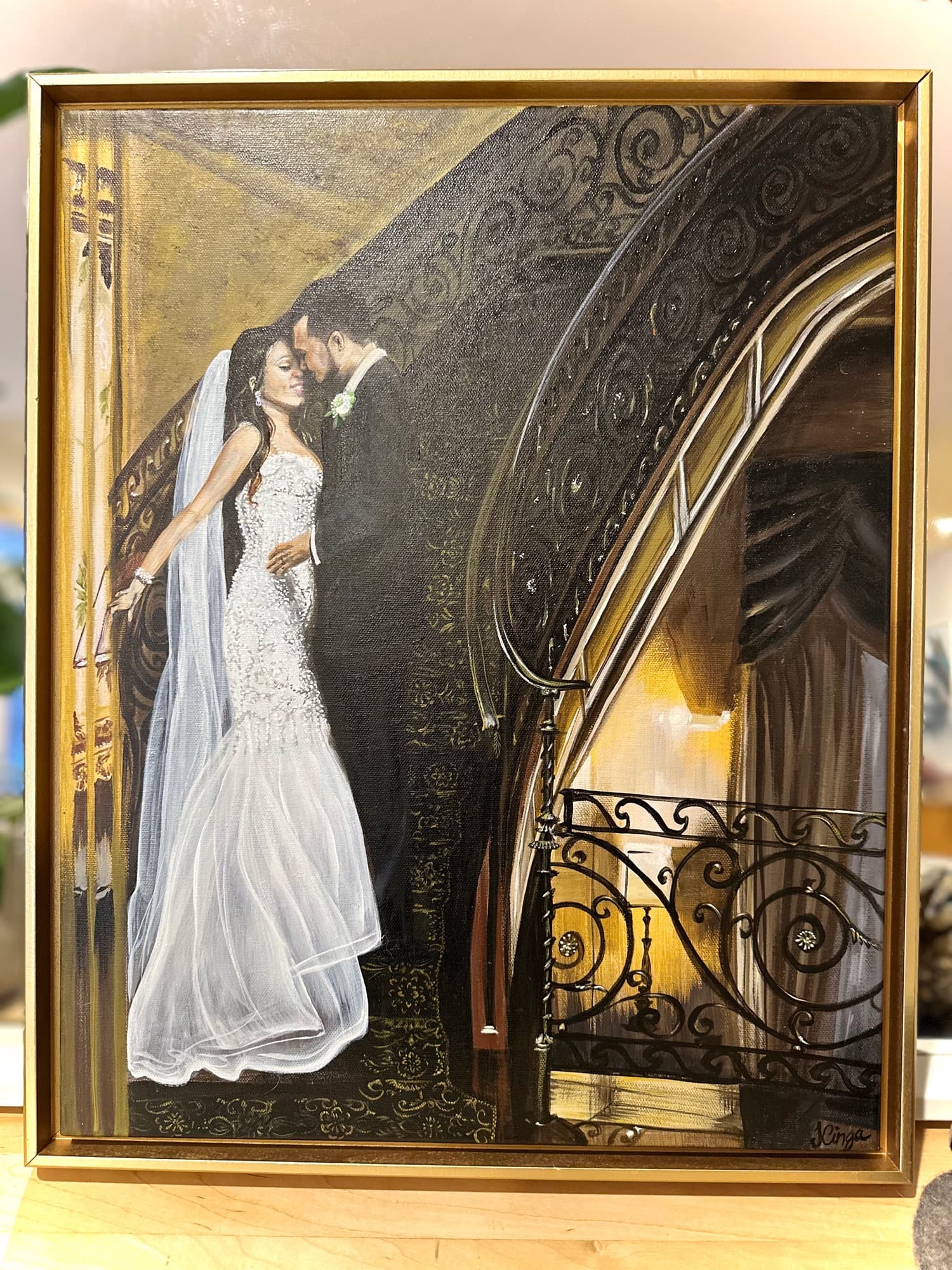 Grand Staircase wedding painting — bride and groom embracing at the foot of an ornate staircase