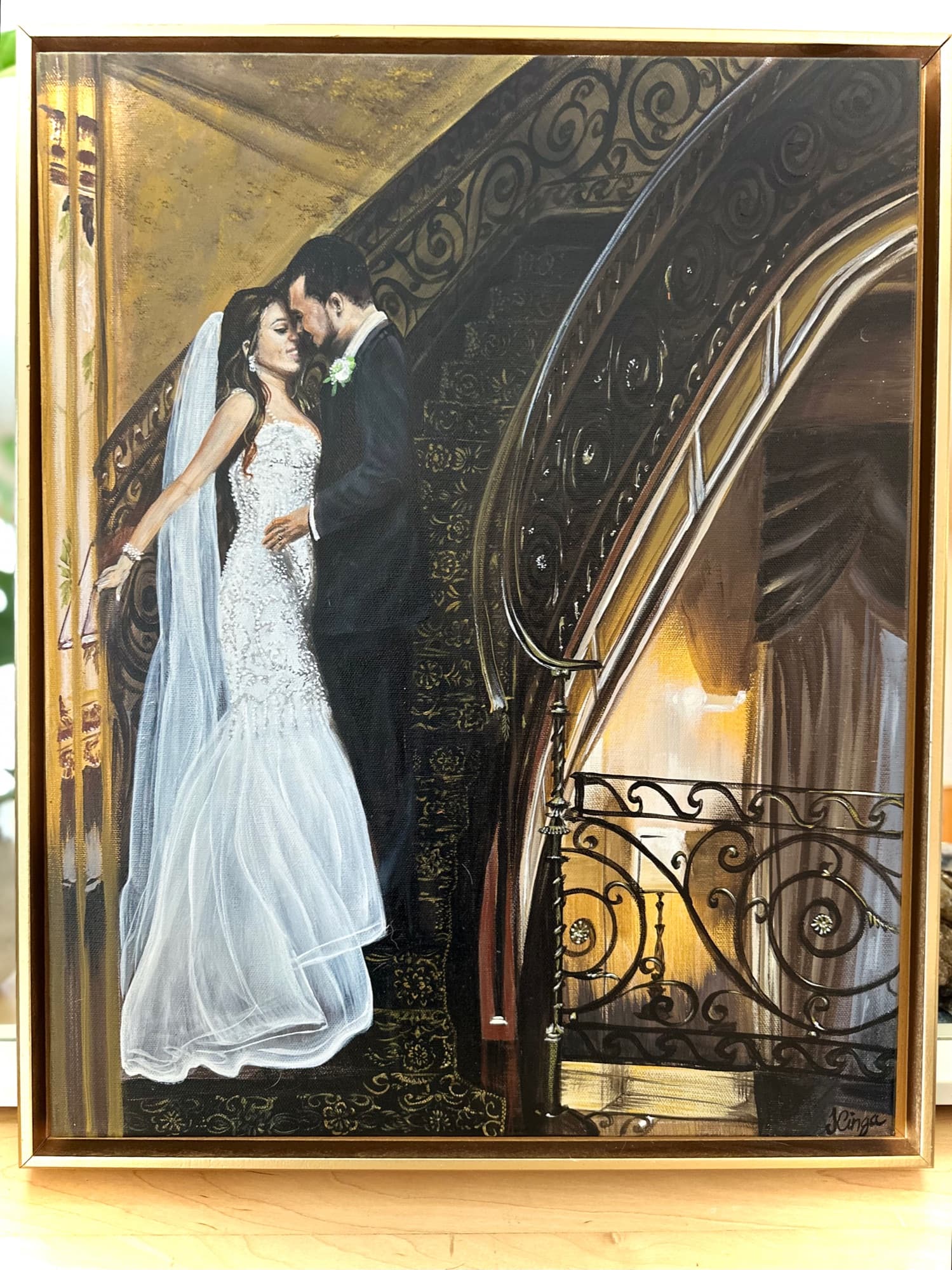 Grand staircase painting from a slight angle showing the gold floater frame