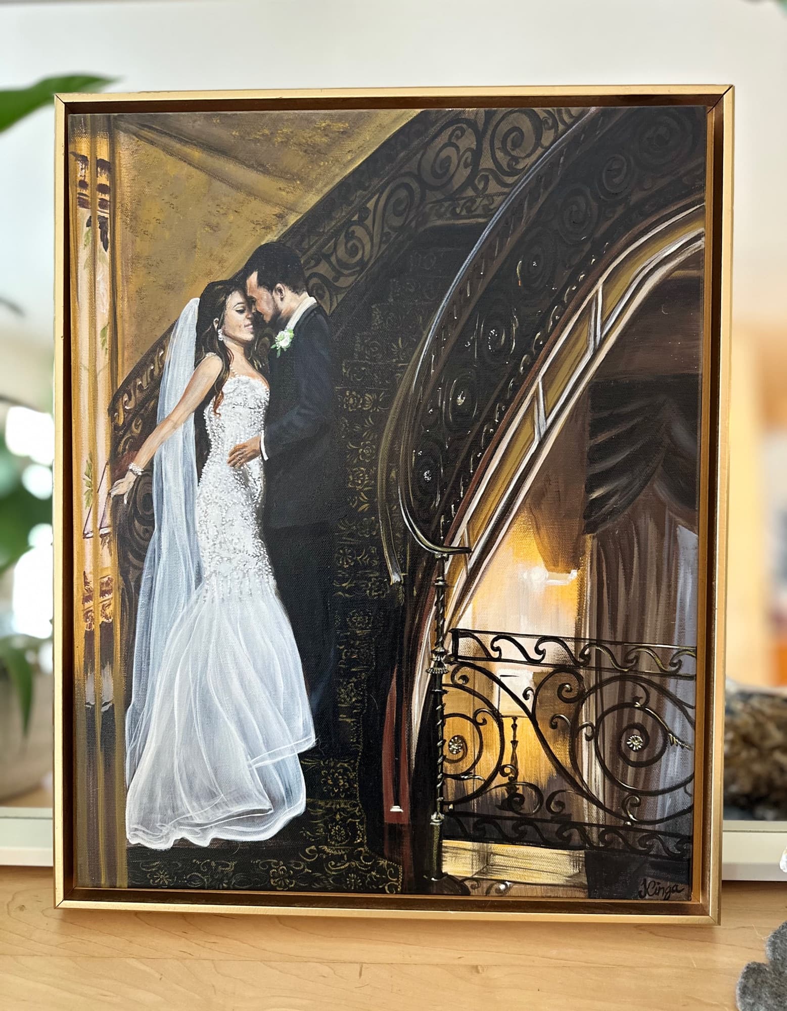 Grand staircase wedding painting straight-on view in gold frame