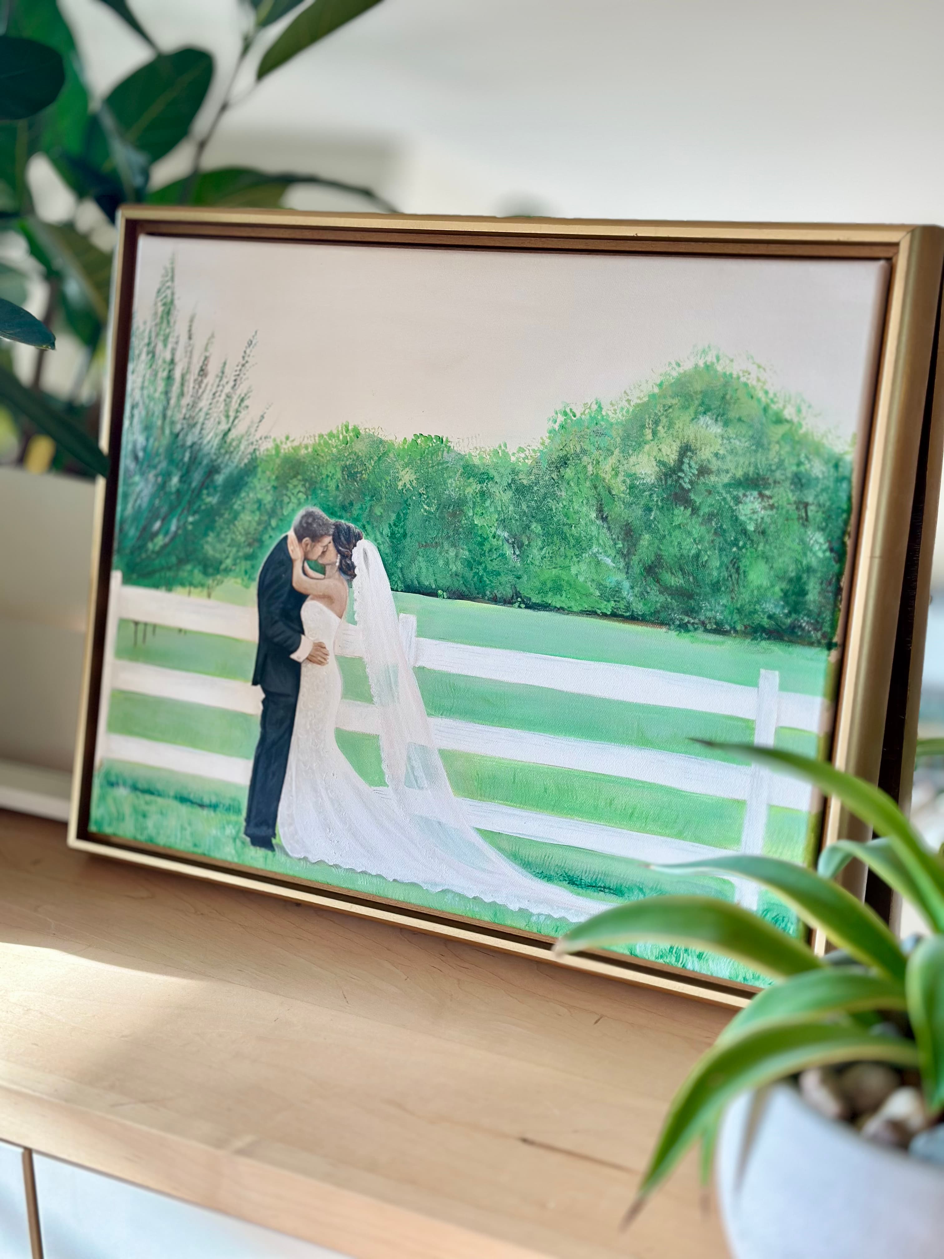 Tranquil green setting wedding painting — full view