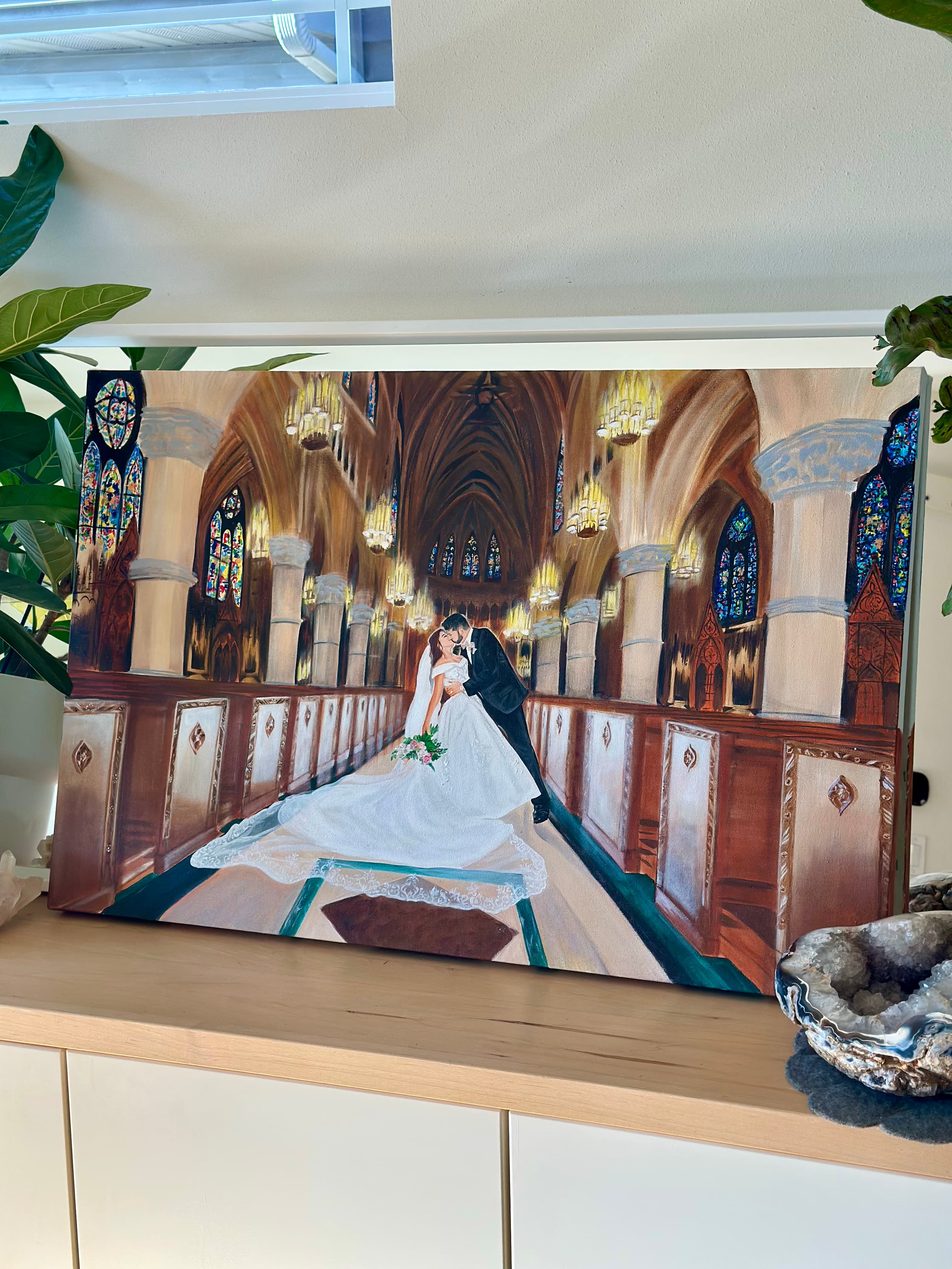 Church wedding painting — full canvas with stained glass and warm light