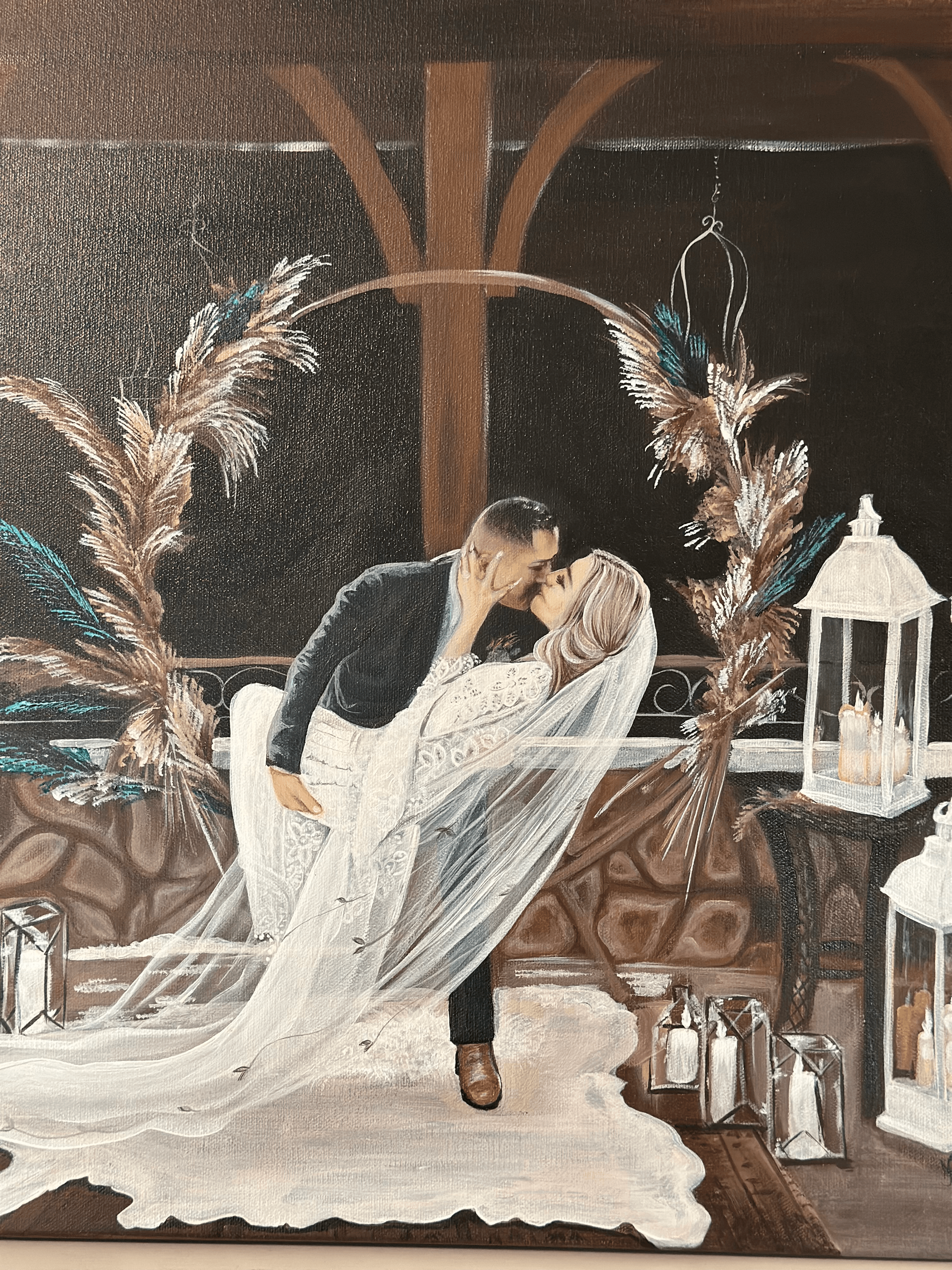 Barn wedding painting — lanterns and warm atmospheric light