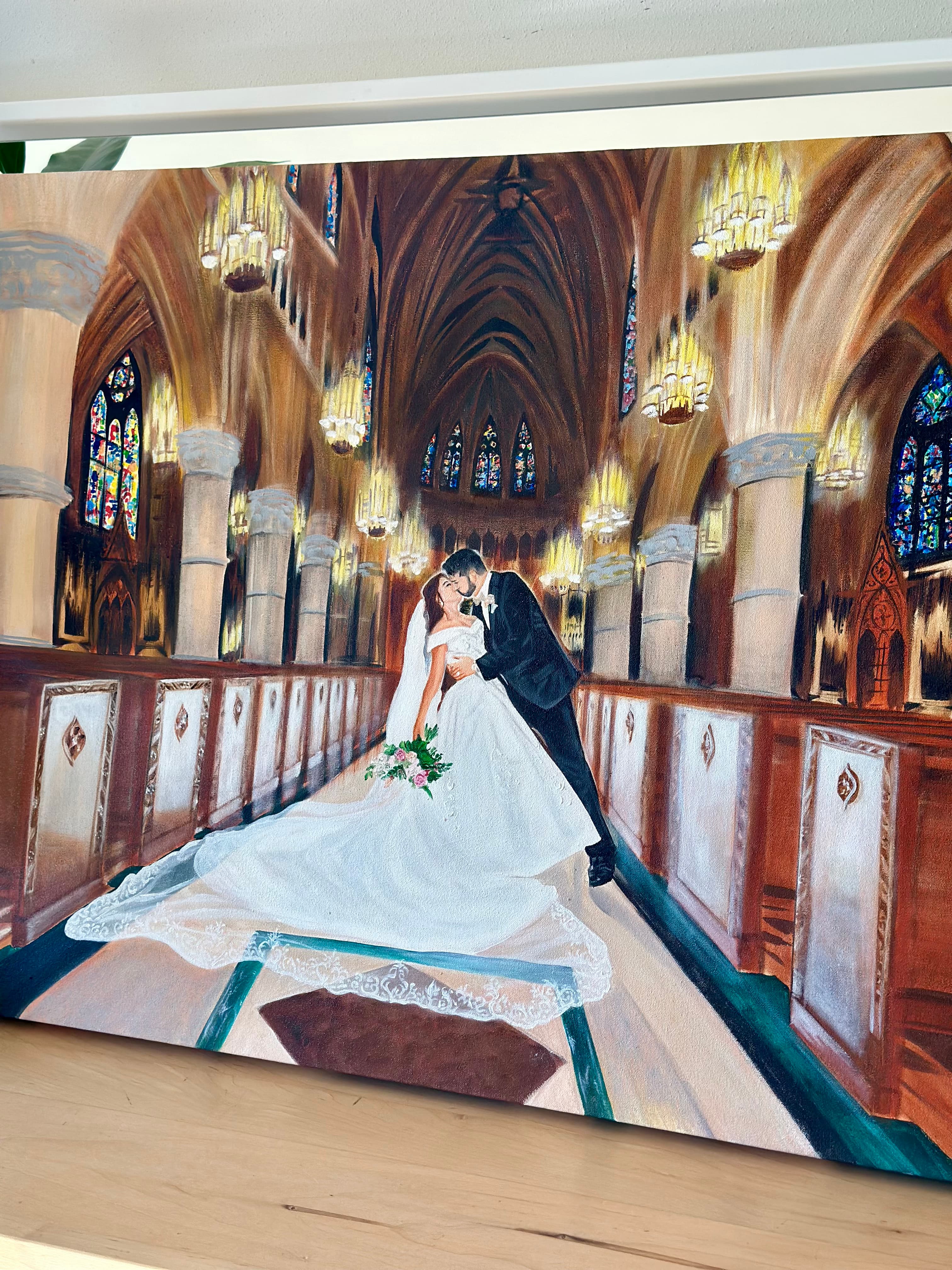 A magnificent church wedding painting — the couple beneath stained glass