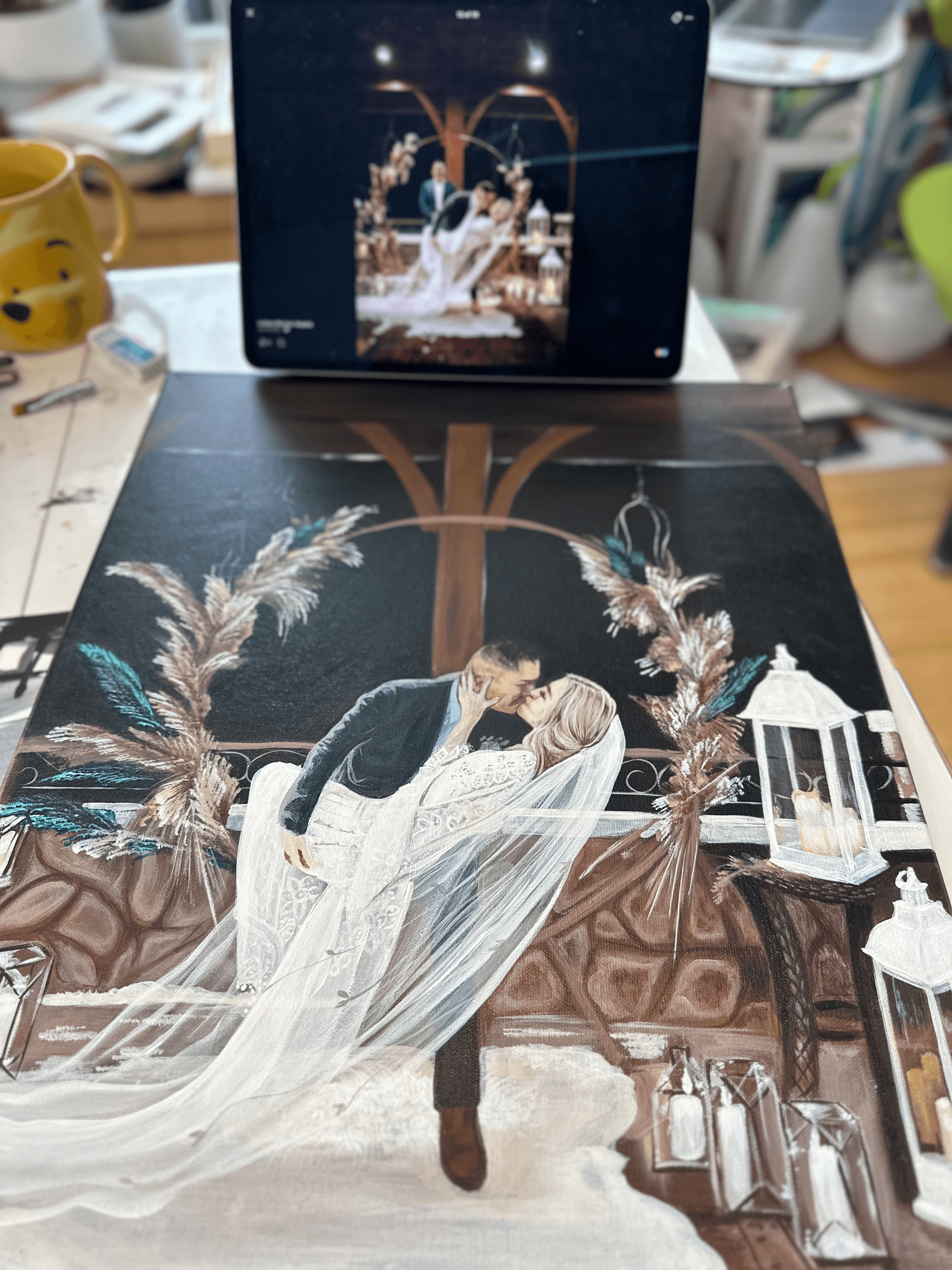 Barn wedding painting detail — her dress and the intimate setting