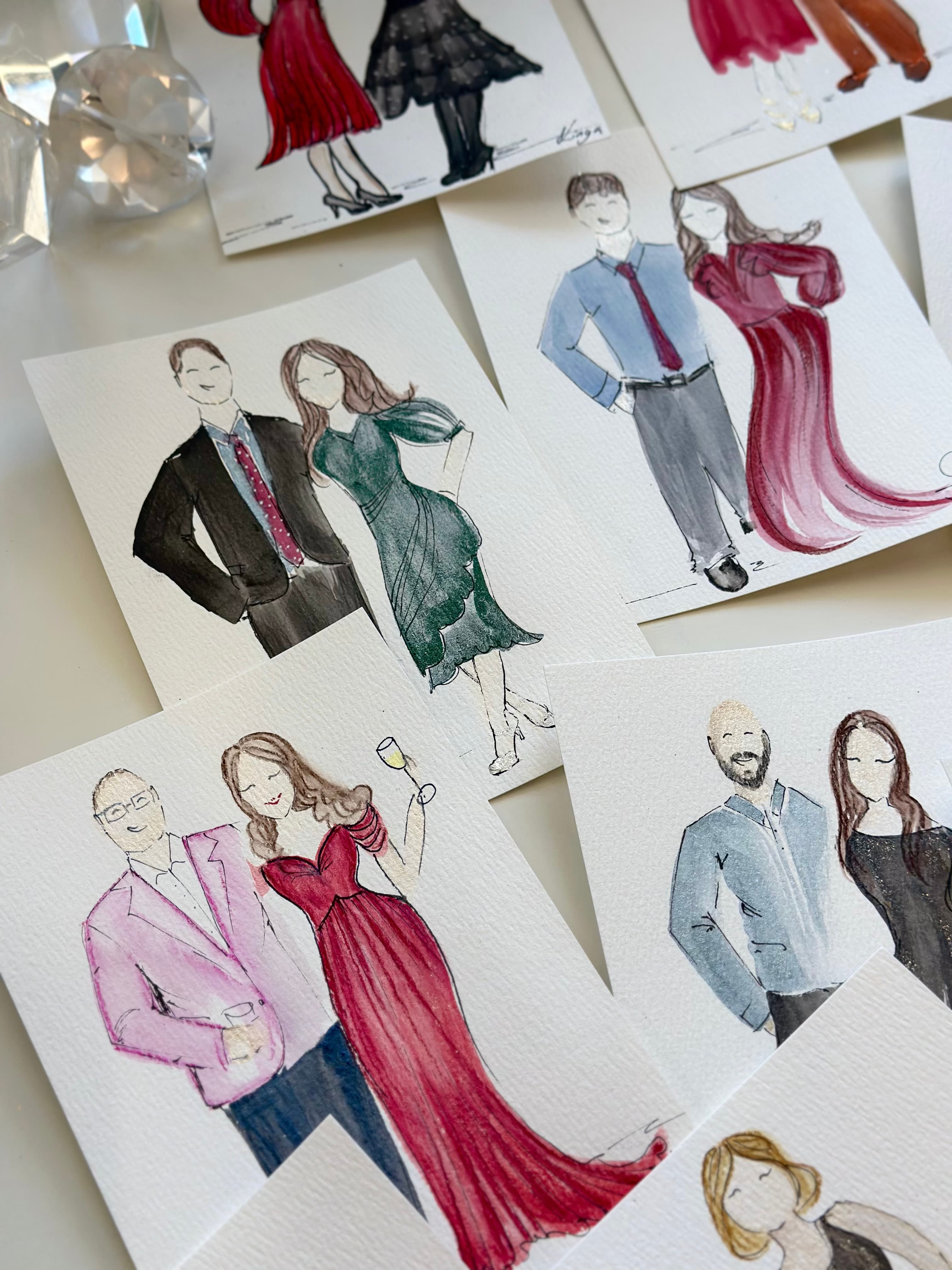 Guest fashion illustration at wedding reception