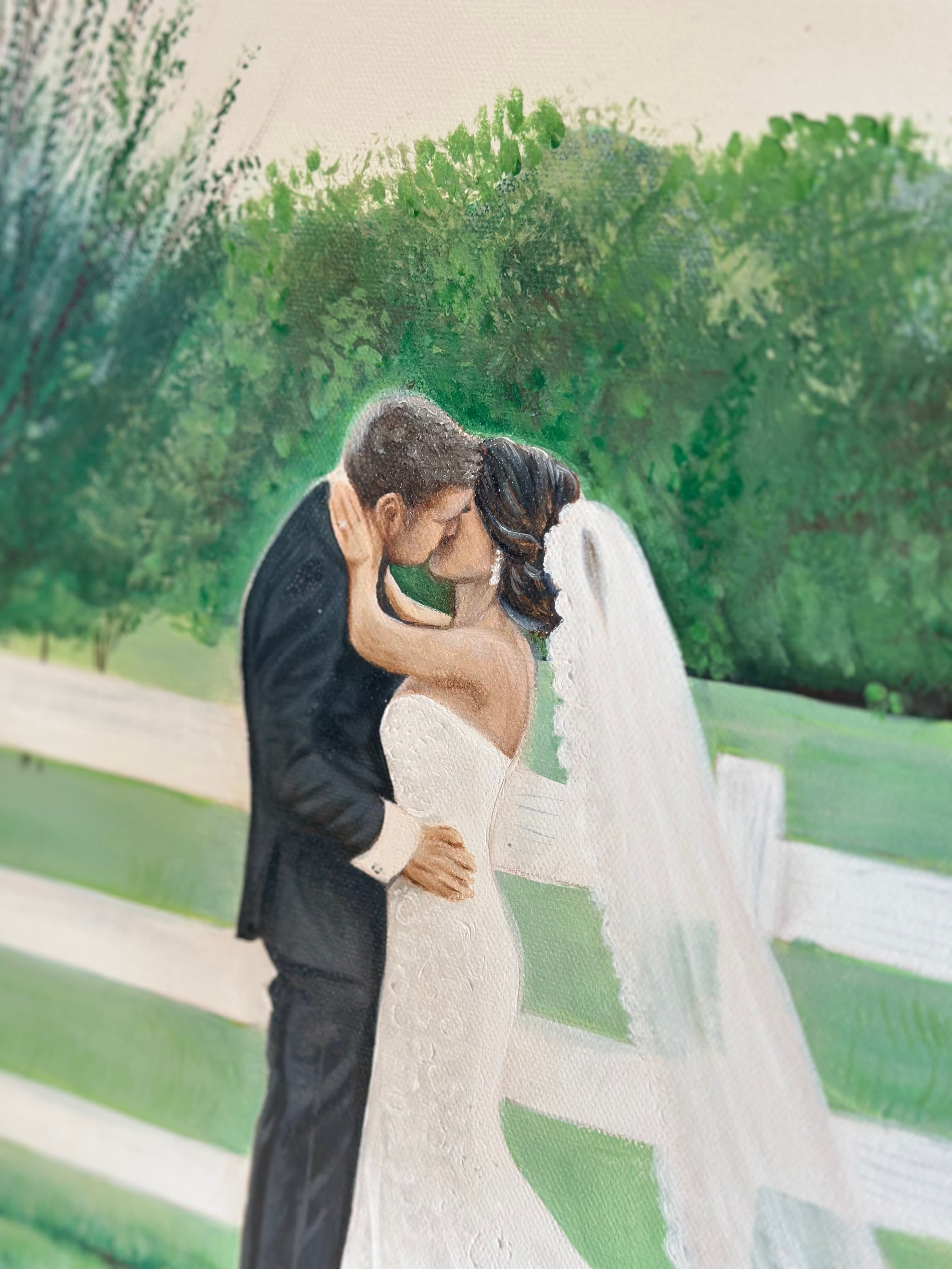 Couple in a lush green outdoor setting — painting detail