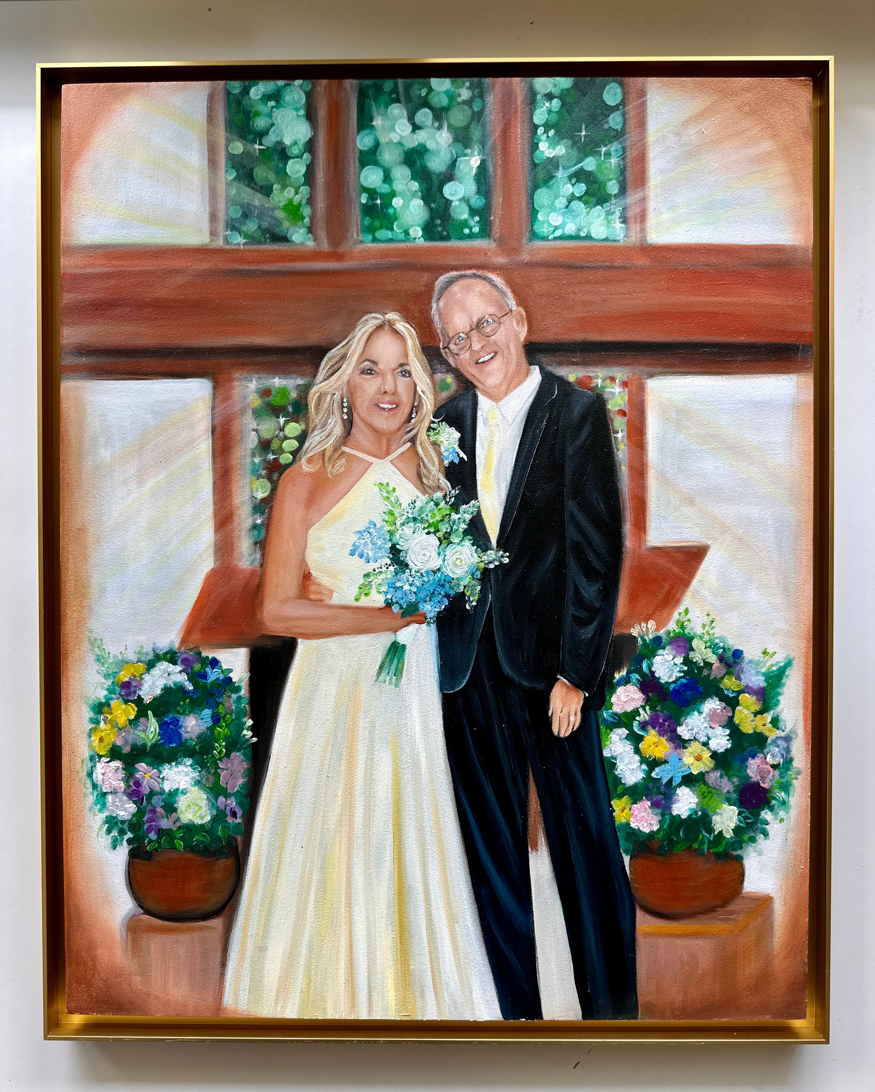 Church wedding painting straight-on view — flower arrangements flanking the couple at the altar