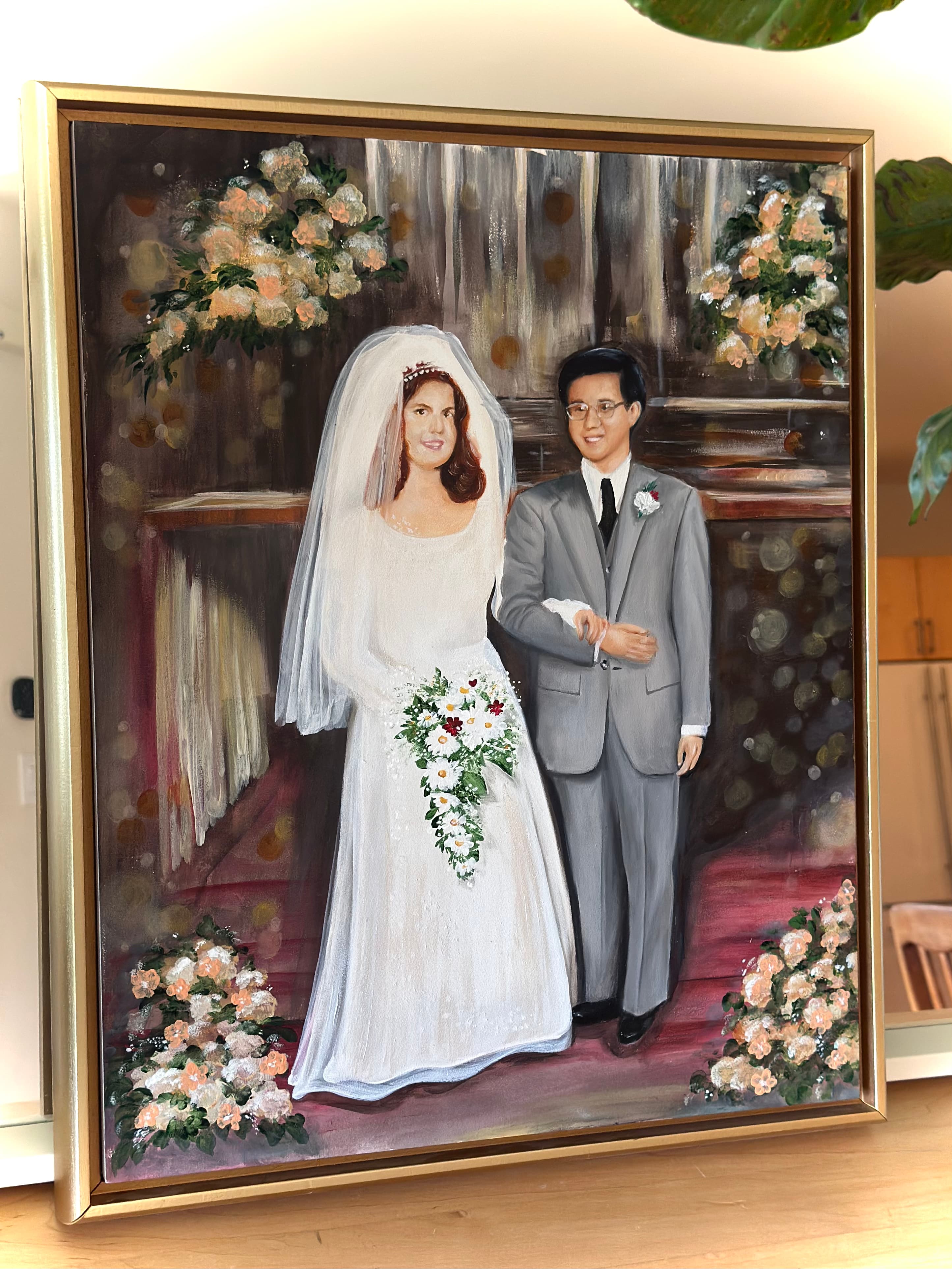 Angled view of the 50th anniversary painting showing the frame and the red aisle