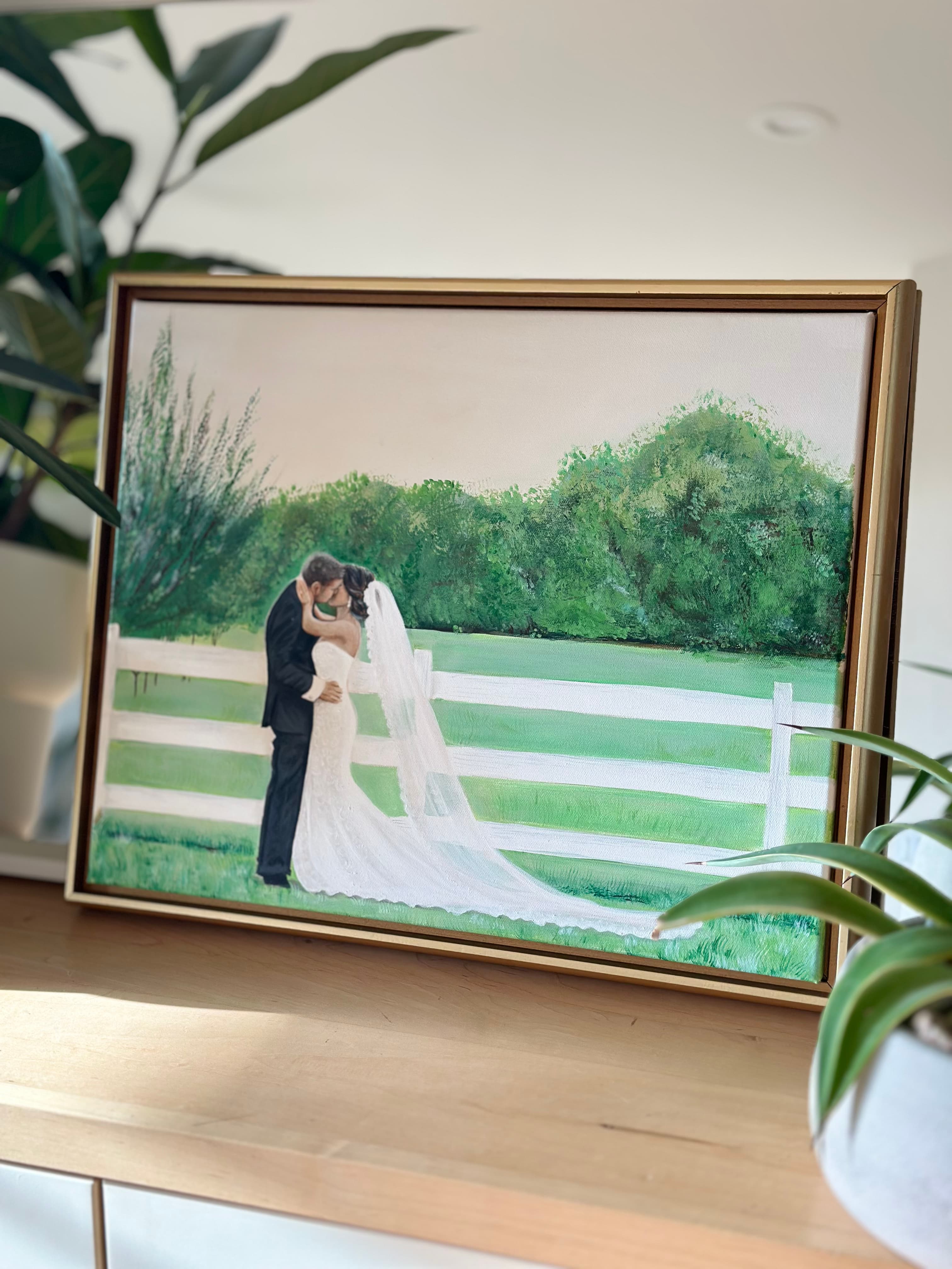 Wedding painting in a tranquil green setting — the finished canvas