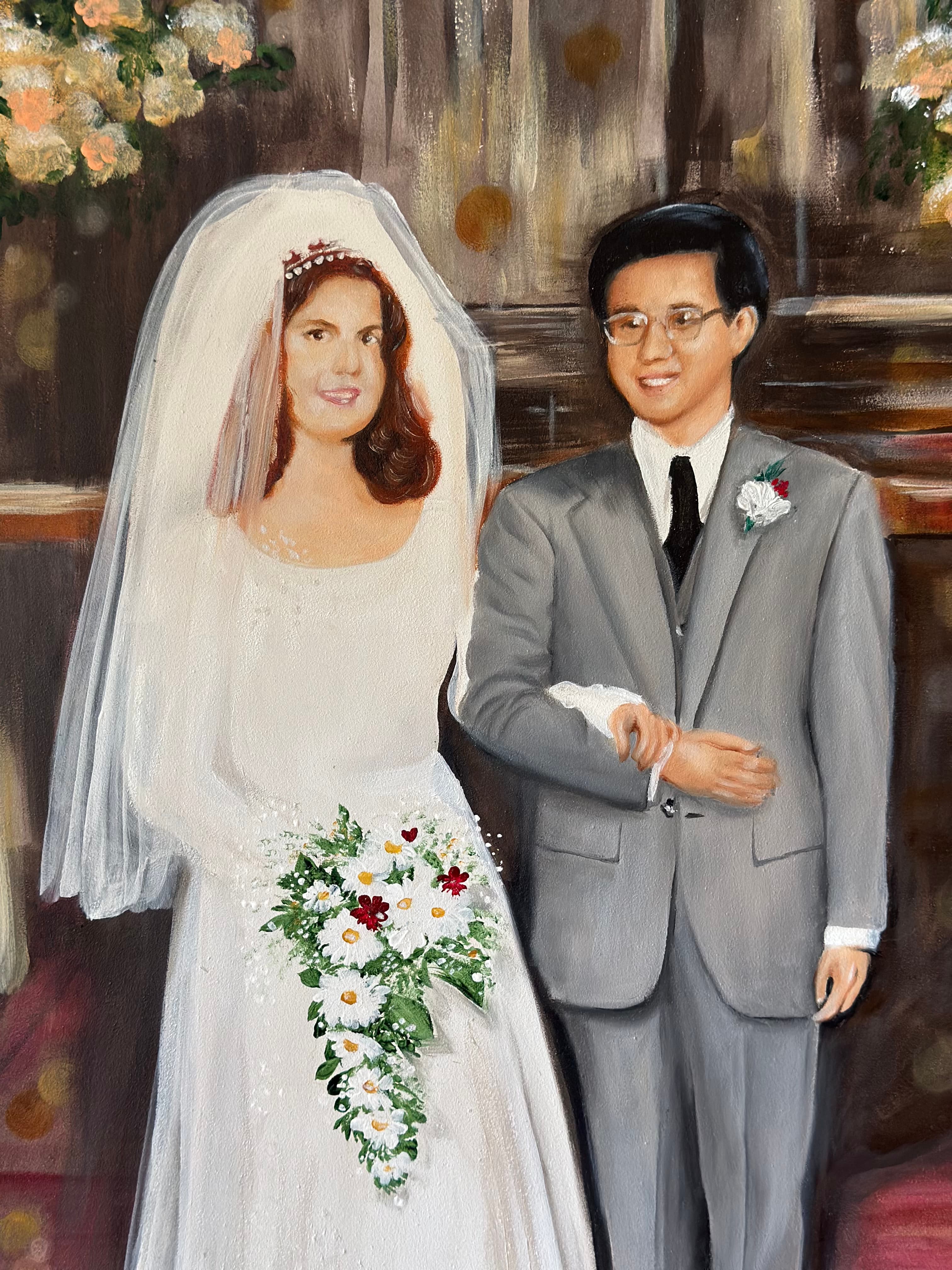 Another angled view of the 50th anniversary wedding painting by the window